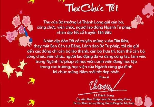 Thư của Bộ trưởng Lê Thành Long gửi CBCCVC, người lao động ngành Tư pháp nhân dịp Tết cổ truyền Tân Sửu