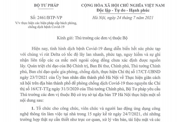 Công văn 2461/BTP-VP về việc thực hiện các biện pháp cấp bách phòng, chống dịch bệnh Covid-19
