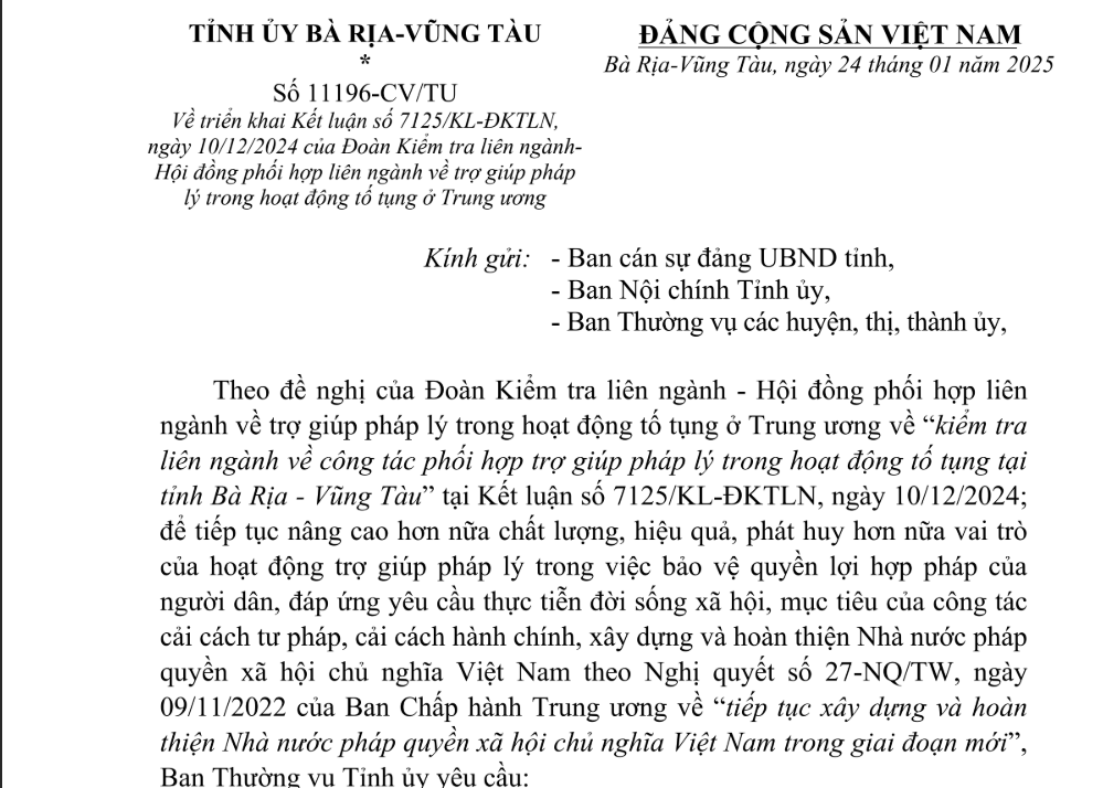 Tỉnh ủy Bà Rịa – Vũng Tàu chỉ đạo triển khai công tác trợ giúp pháp lý trên địa bàn