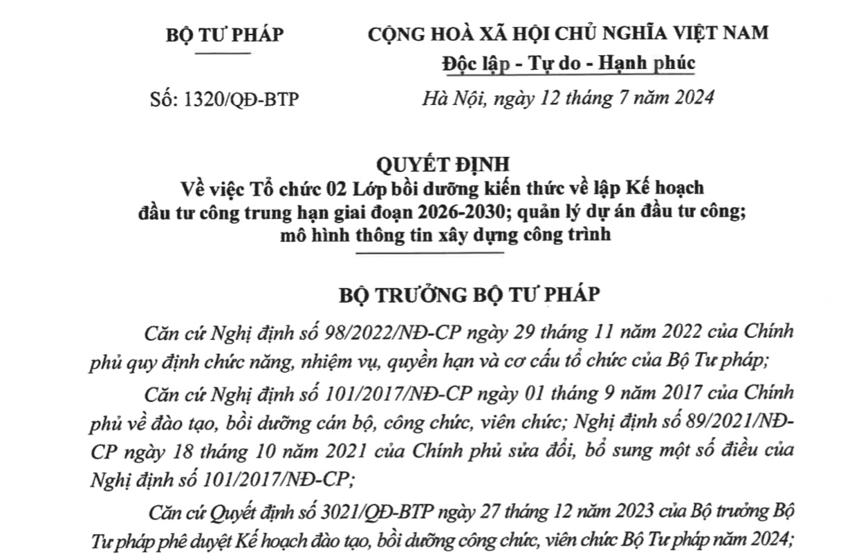 Bộ Tư pháp khai giảng Lớp bồi dưỡng kiến thức về đầu tư công