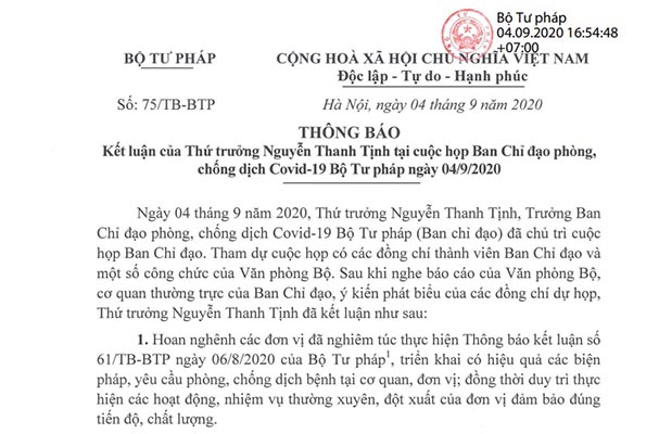 TB kết luận của Thứ trưởng Nguyễn Thanh Tịnh tại cuộc họp BCĐ phòng, chống dịch Covid-19 Bộ Tư pháp ngày 04/9/2020
