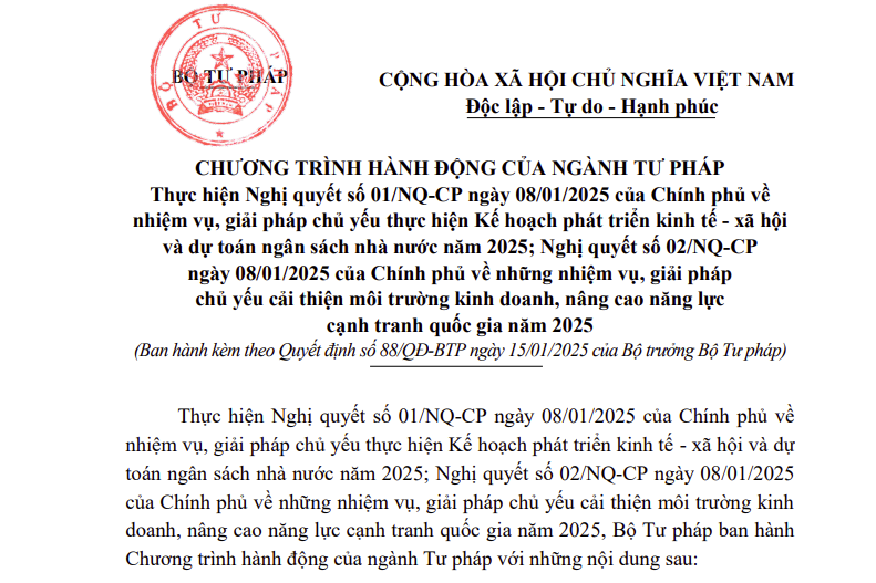 Chương trình hành động của ngành Tư pháp thực hiện Nghị quyết số 01/NQ-CP Nghị quyết số 02/NQ-CP của Chính phủ